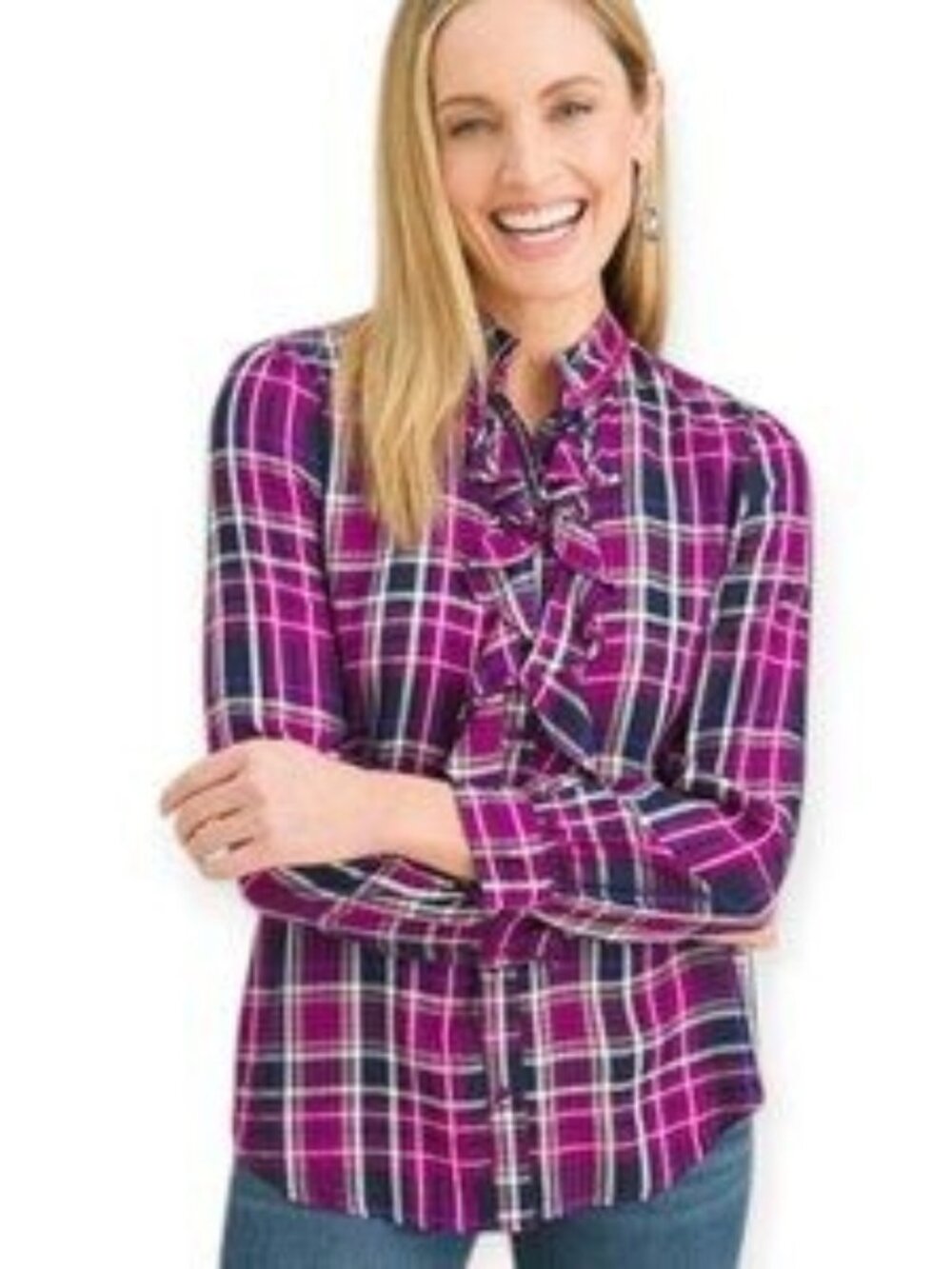 Chico's women plus size 20/22 ruffled front plaid blouse long sleeve academia‎